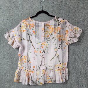 MaxSport‎ Womens Floral Top M Grid Mesh Ruffle Sleeve Hem Boho Cottagecore